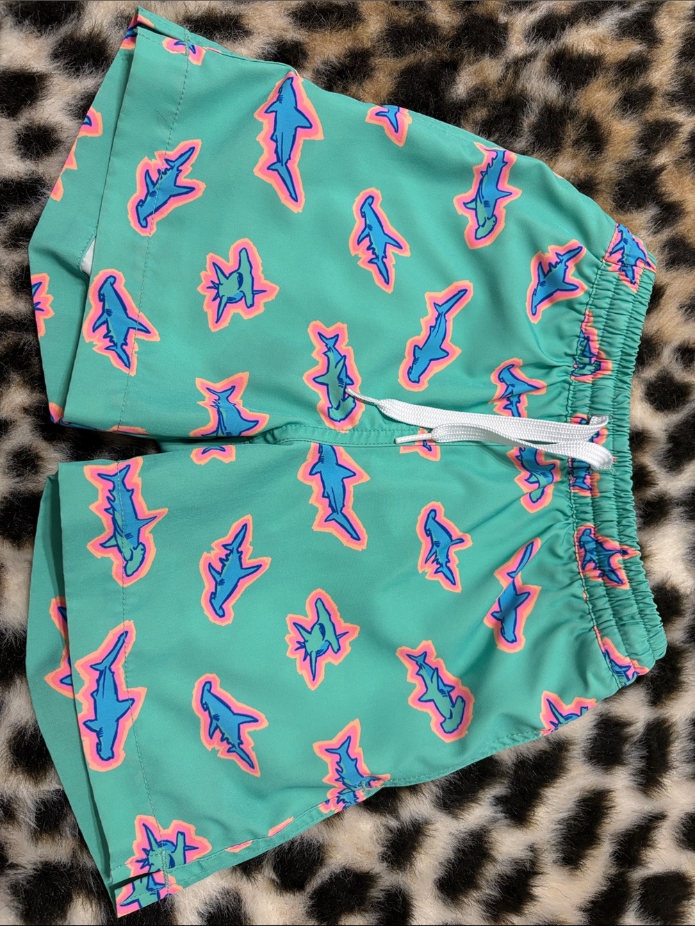 chubbies Teal Swim Trunks with Blue & Pink Shark Pattern